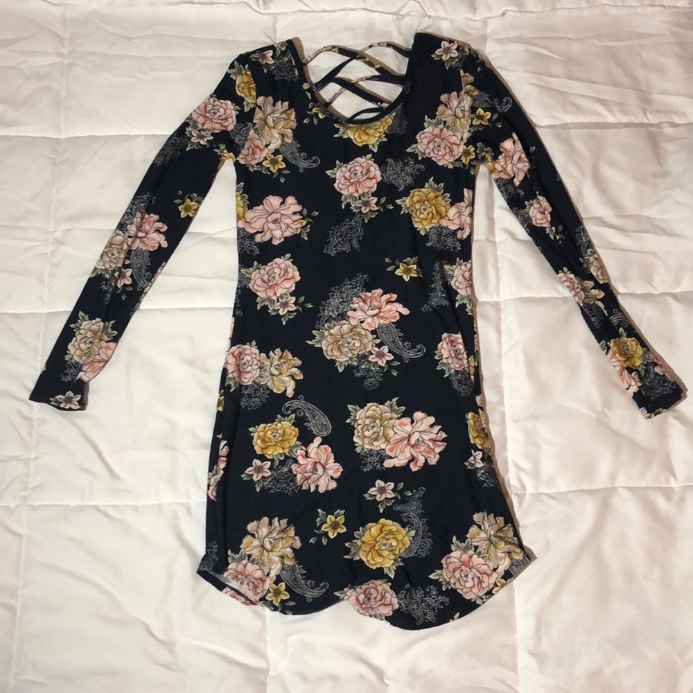 Black floral dress with crisscross back